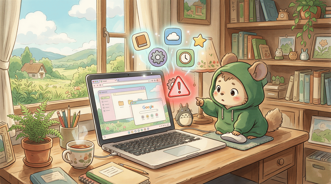 Browser extensions depicted as risky tools with a warning sign in a Ghibli-inspired style