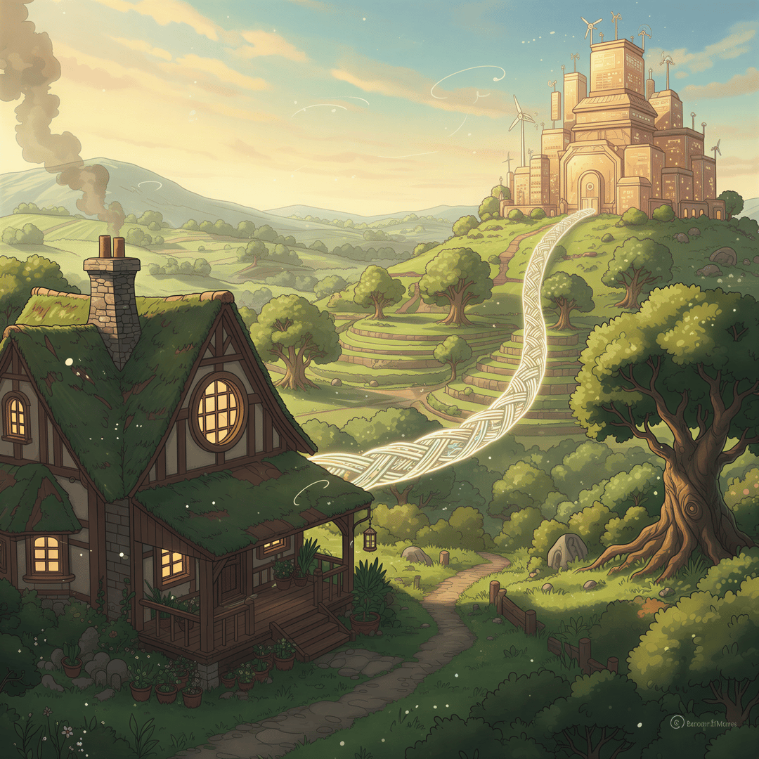 Studio Ghibli aesthetic, featuring a cozy, detailed small workshop/house bathed in warm afternoon light. A thick, visible, but secure-looking digital wire runs directly from the house's window to a distant, stylized, almost fantastical large server building on a hill. Focus on the direct, tangible connection. Palette leans towards earth tones and warm browns. The mood is reliable and established.