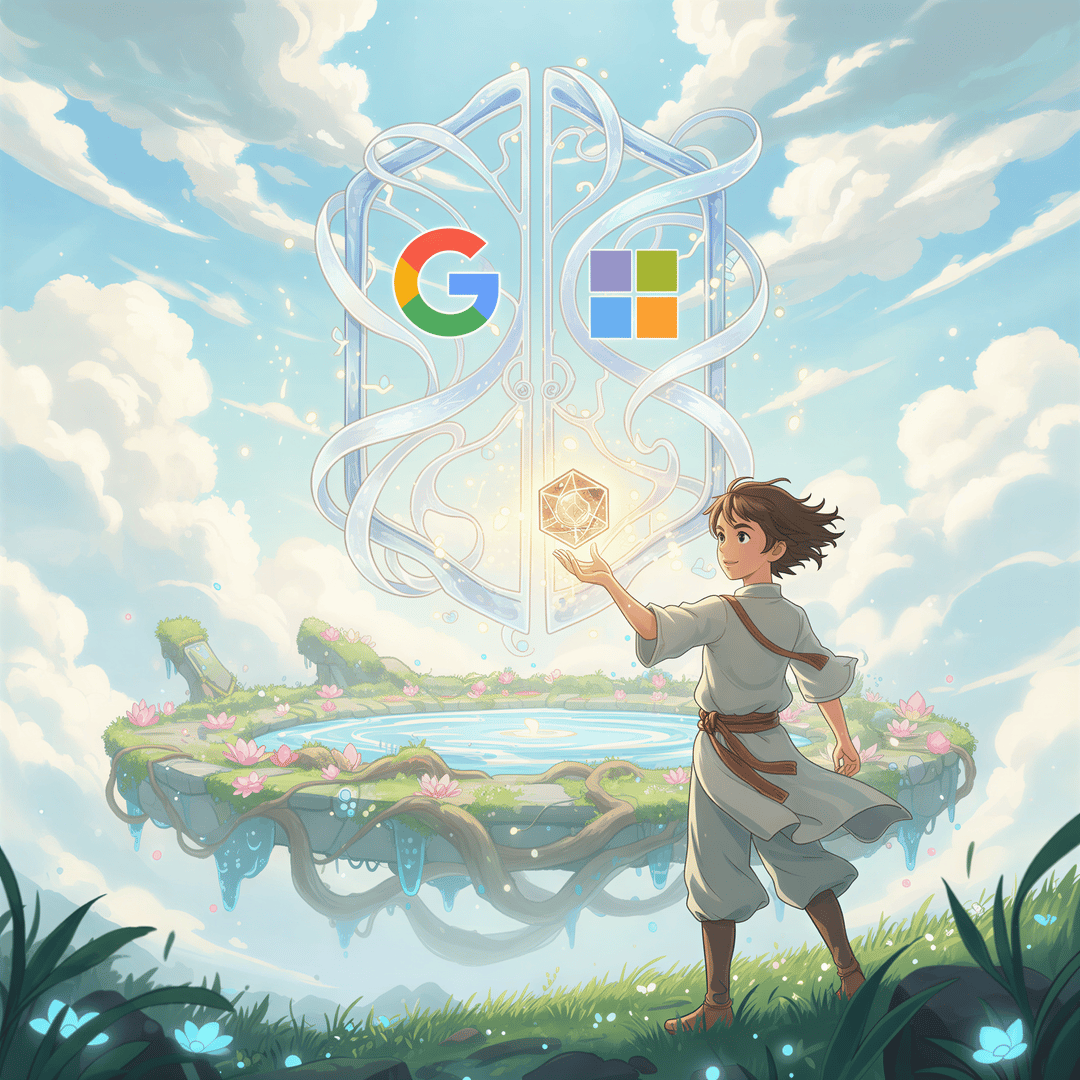 Studio Ghibli aesthetic, bright and airy scene dominated by soft blues and whites. A person is interacting with a stylized, ornate security gate or floating entity representing Google/Microsoft login. Instead of handing over a house key (password), they present a single, luminous, encrypted token. Focus on the absence of a physical password exchange. Dreamy lighting, representing modern, streamlined trust.