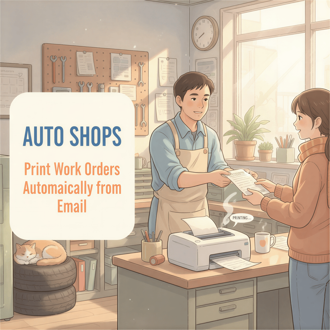 Ghibli style illustration of a busy auto repair shop service desk with a printer automatically spitting out a work order, bright and warm atmosphere.