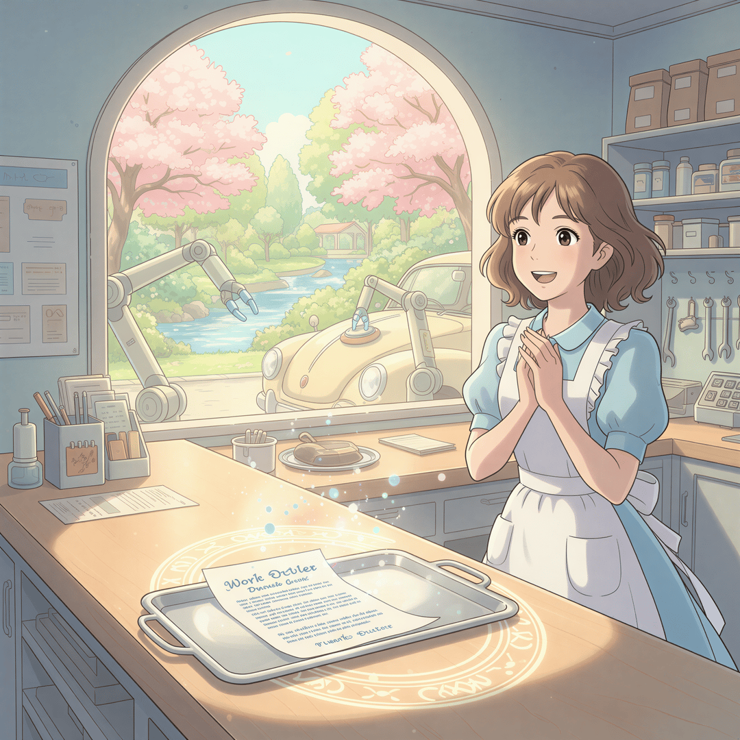 Studio Ghibli aesthetic, emphasizing seamless automation and relief. A sunlit, pristine auto shop service desk. A single, perfectly printed work order rests neatly on a small tray, appearing as if by magic, as a happy customer smiles entering the frame. Soft, bright lighting with hopeful pastel blues and yellows. The mood is calm and efficient.