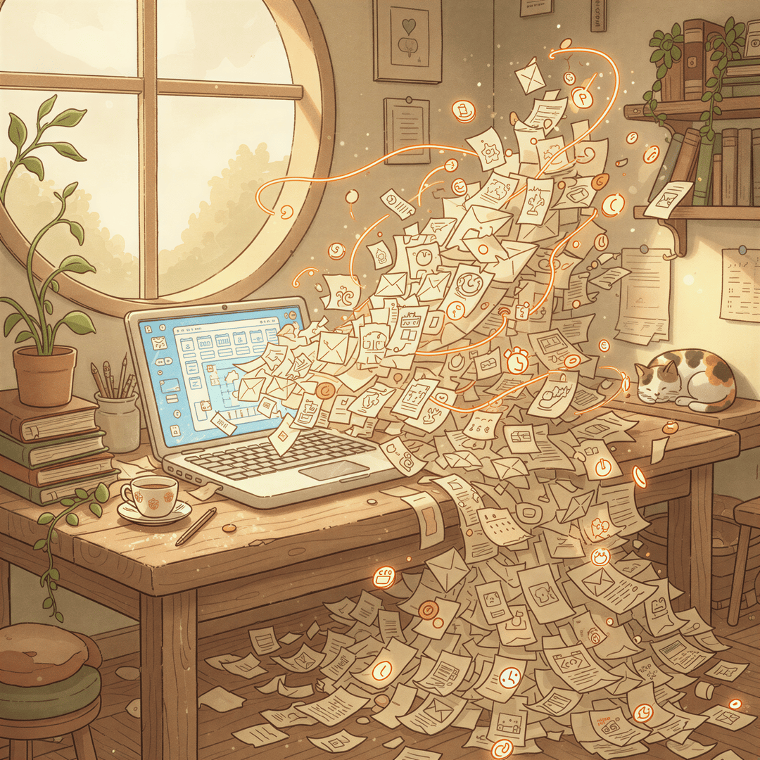 Ghibli aesthetic. Focus on the concept of digital overload translating to physical clutter. A simple wooden workbench with a glowing laptop displaying appointment software. From the screen, stacks of stylized notification emails or paper slips are rapidly accumulating into an unstable pile. Warm sepia and cream tones dominate. Soft, magical lighting emphasizes the growing pile.