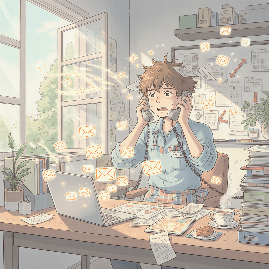 Ghibli illustration of an overwhelmed service writer juggling a ringing phone, a clipboard, and multiple emails on a computer screen in a busy auto bay area.