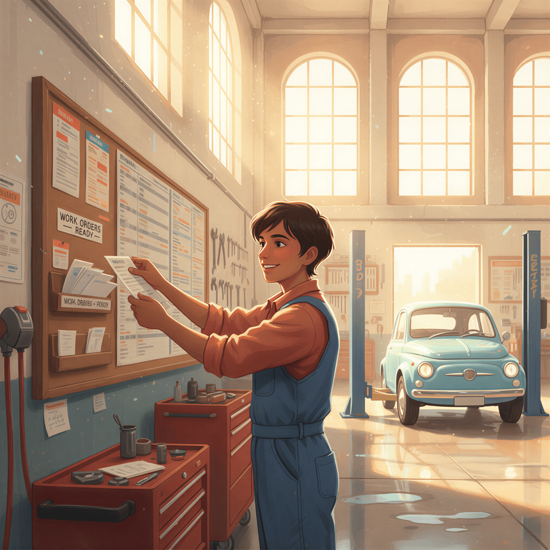 Studio Ghibli aesthetic, focusing on the technician workflow. A bright, clean auto bay area. A focused, friendly mechanic (perhaps South Asian or Middle Eastern descent) is easily retrieving a clean work order from a labeled wall slot or tray positioned near a dispatch board. Sunlight streams through high windows, illuminating dust motes. Warm terracotta and industrial blue tones. Mood is focused productivity.