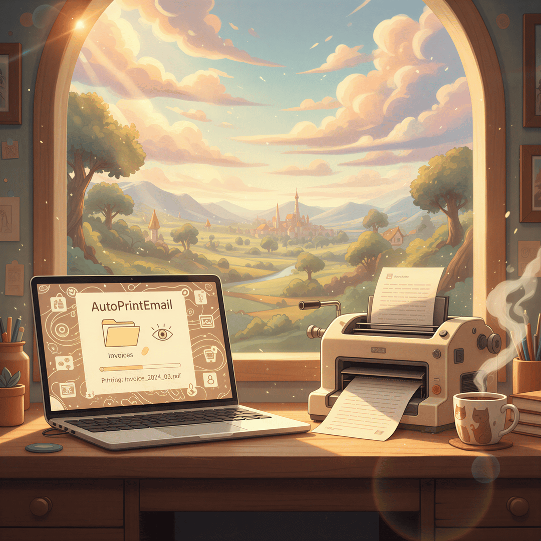 AutoPrintEmail app interface showing a watched Outlook folder with emails being auto-printed in the background