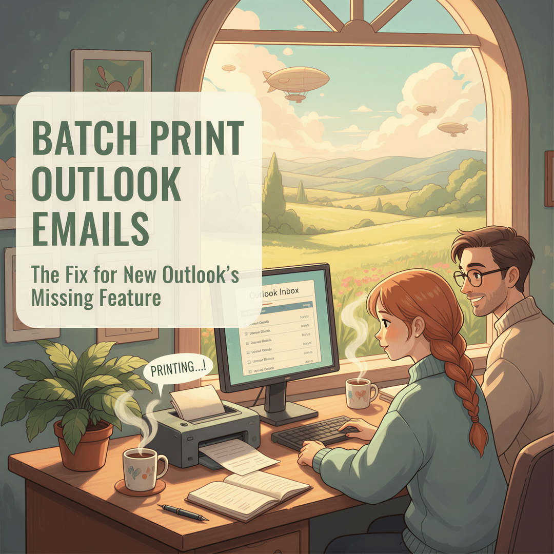 Studio Ghibli-inspired banner: warm office scene with Outlook-like interface and a printer, promoting batch print fix