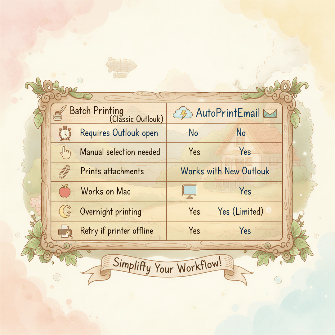 Comparison infographic showing Batch Printing vs Auto Printing features