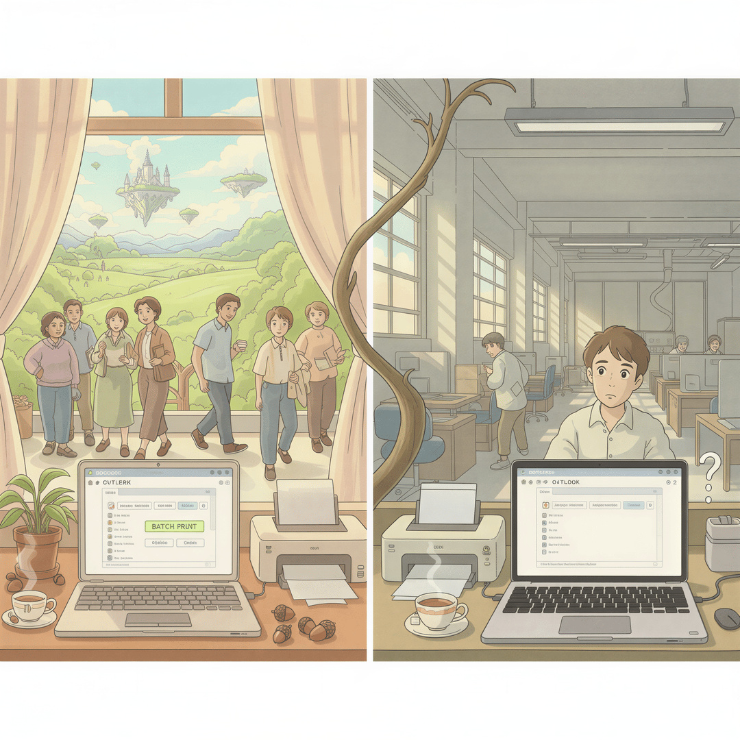 Side-by-side Classic Outlook vs New Outlook showing batch print option present vs missing