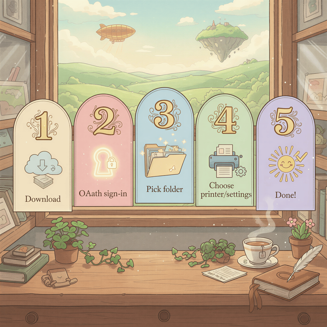 Five-step How It Works flow for AutoPrintEmail