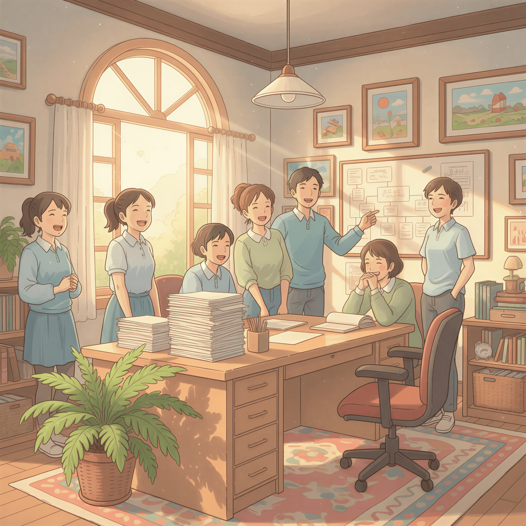 Calm office with printed emails and a satisfied team