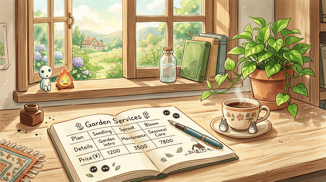 Studio Ghibli-inspired desk scene with pricing table on notebook