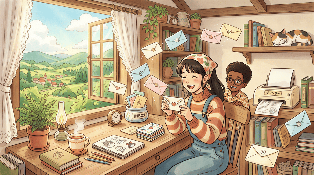 Inbox with invoices arriving by email and a printer nearby in a gentle Studio Ghibli scene
