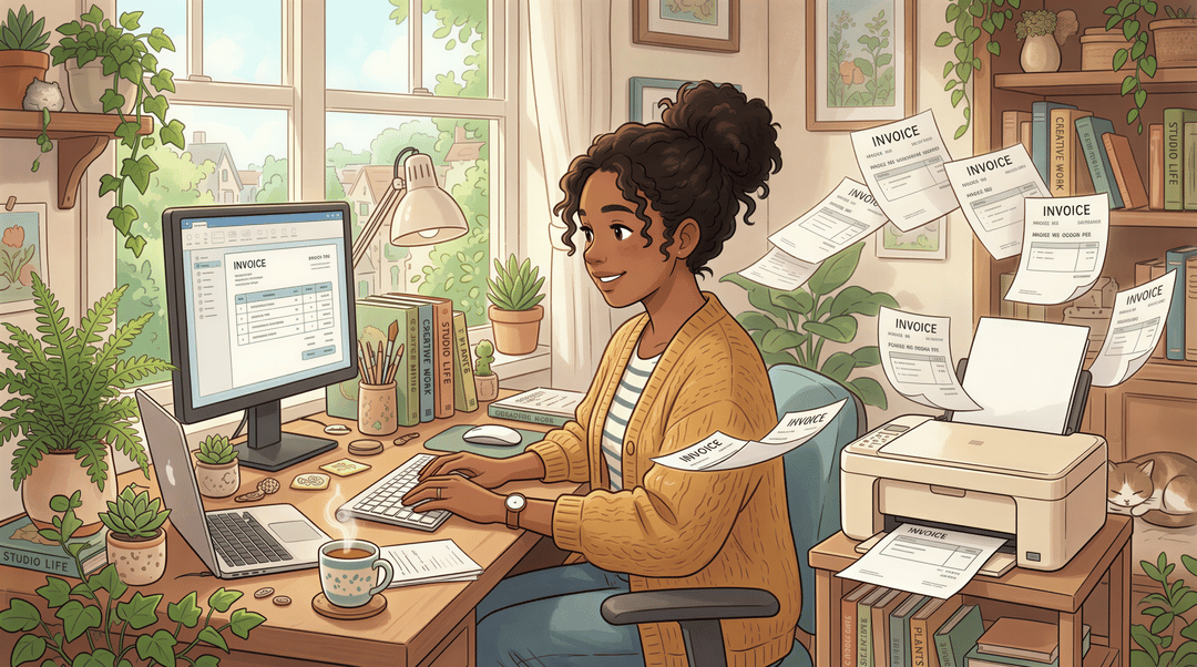 Three invoices from different platforms approaching a printer in a cozy Studio Ghibli-inspired office
