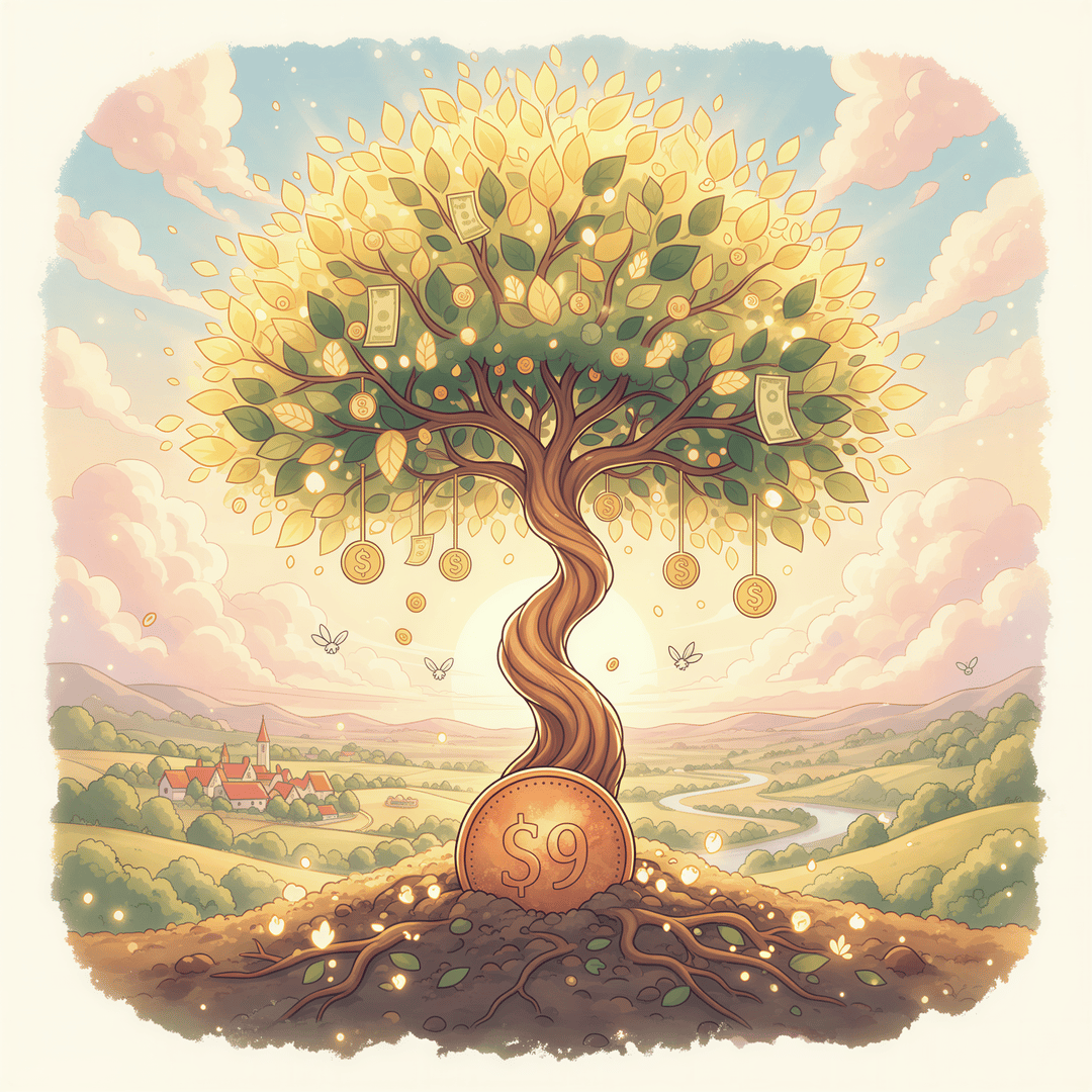 Studio Ghibli aesthetic visual metaphor for Return on Investment (ROI). A single, small, humble coin (representing the $99 cost) is placed on rich earth. Almost instantly, it sprouts into a magnificent, lush tree with warm, glowing pastel leaves, symbolizing rapid growth and savings payoff. Soft focus background, emphasis on the transformative power of the small initial investment. Warm, optimistic color scheme (sunshine yellow, deep moss green).