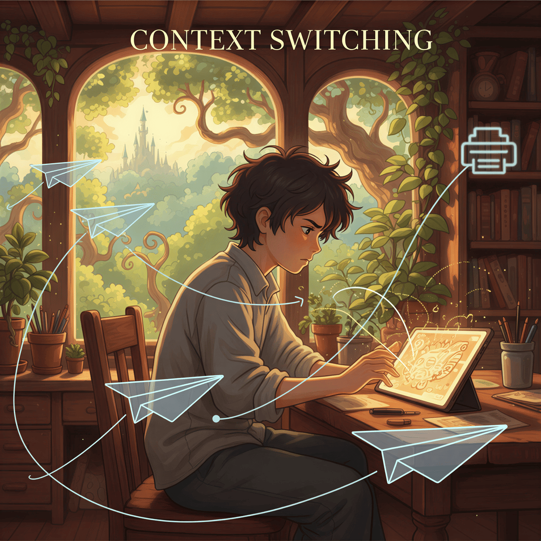 Studio Ghibli aesthetic illustration depicting 'context switching'. A person sits focused on an open book or tablet, rendered in soft focus. Overlaying the scene are several small, whimsical, semi-transparent paper airplane shapes (representing interruptions) gently tugging at the character's focus lines, pulling them toward a distant, blurry printer icon. Use cool, slightly distracting tones (pale blues/grays) for the interruptions against a warm background color palette. Dynamic composition showing the effort of refocusing.