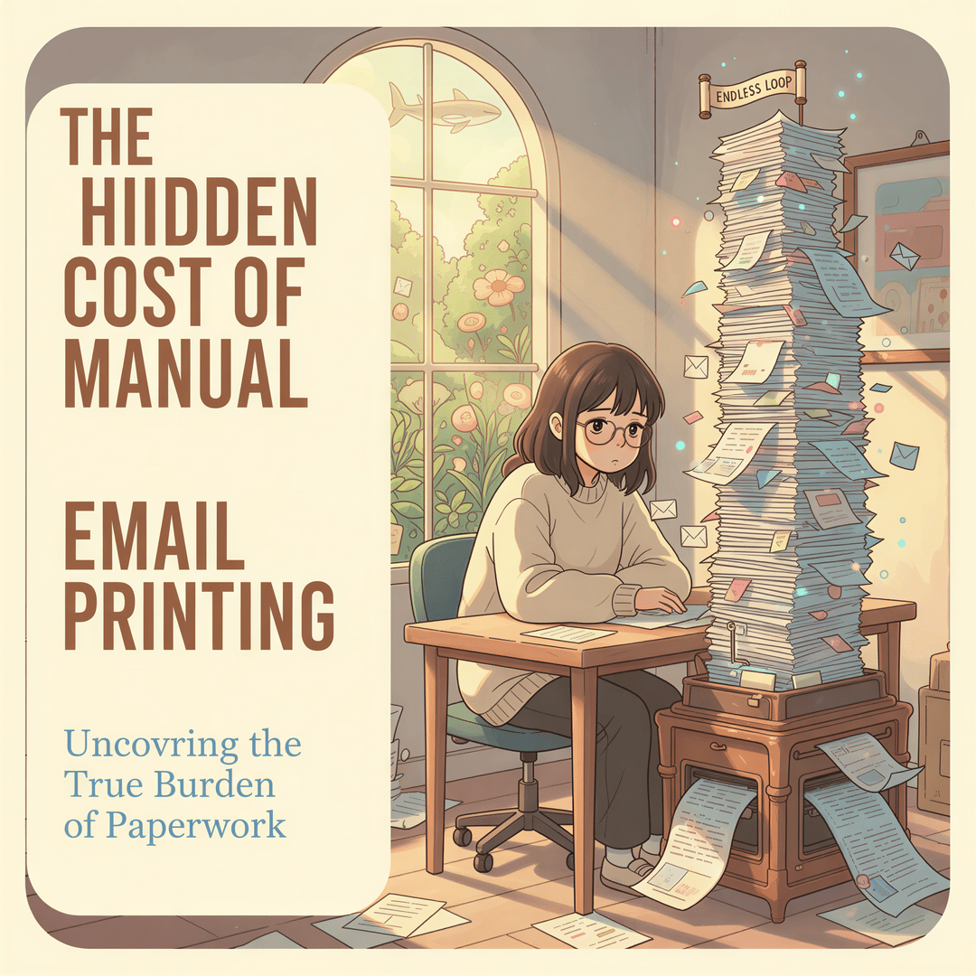 A single desk worker staring overwhelmed at a tall, shimmering stack of printed documents next to an old-fashioned printer, Studio Ghibli style.