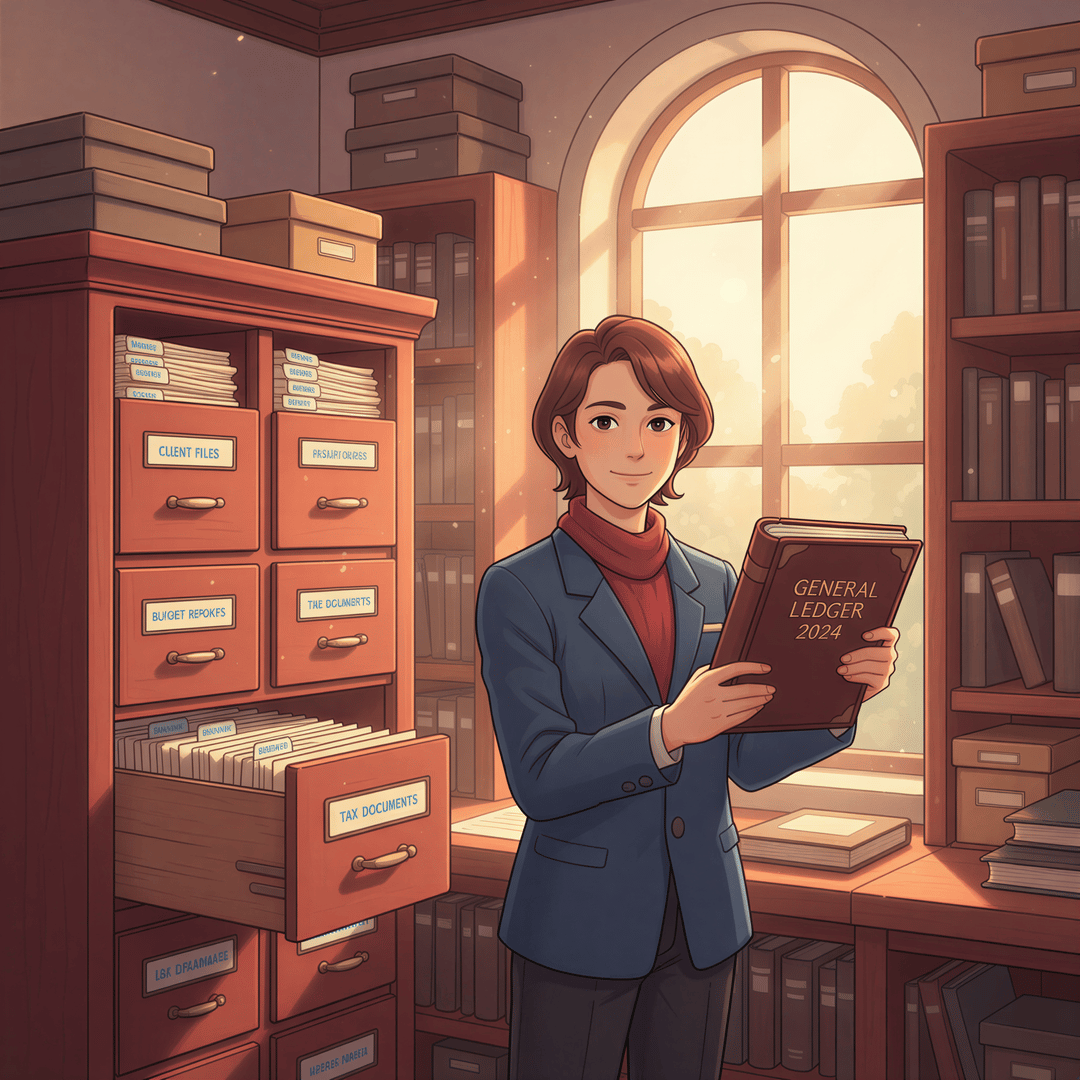 Ghibli scene where a neat, overflowing filing cabinet stands ready next to a smiling accountant, symbolizing audit readiness achieved through automation.
