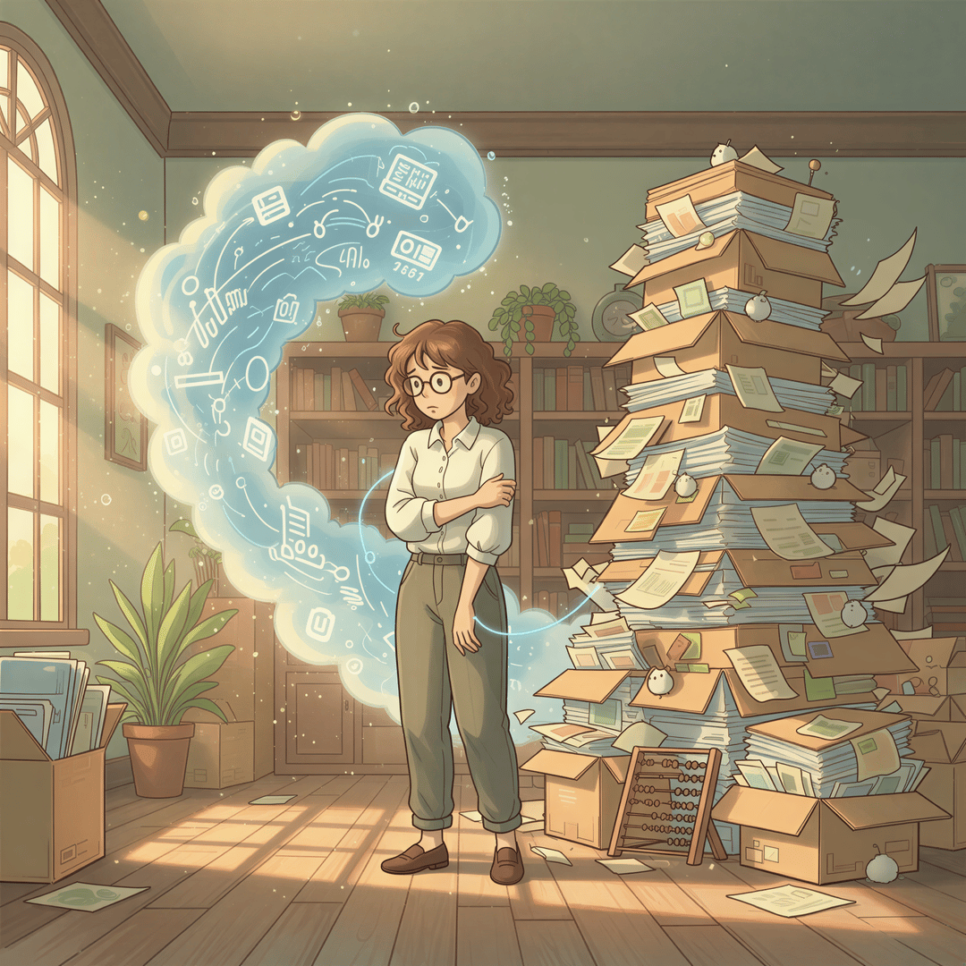 Ghibli scene showing a frustrated person surrounded by towering piles of digital screens and scattered physical papers, symbolizing the accounting dilemma.
