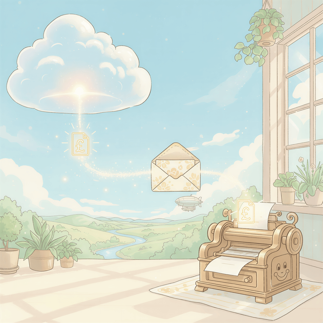 Ghibli illustration depicting an invoice PDF smoothly traveling from a glowing cloud server, through an open email icon, and into a waiting printer.